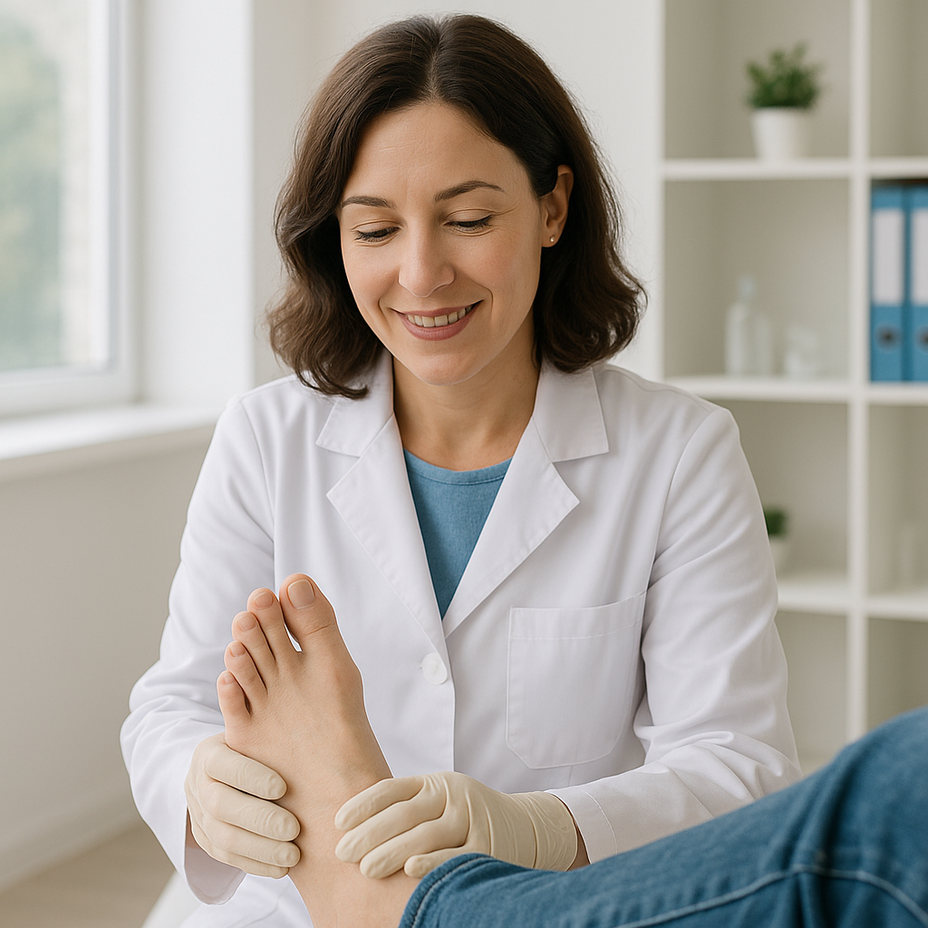 Podiatrist examining a patient during a foot care consultation